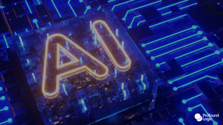 Futuristic neon image of an all-caps AI with a small white Profound Logic logo on the bottom right.